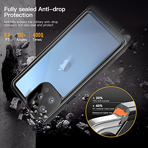 Funda Impermeable iPhone 13 Pro Max Protección IP68 Waterproof 360-Grados Case Protectora Antigolpes Anti-rasguños Impermeable Carcasa con Correa flotante para iPhone 13 Pro Max(Negro mate/Naranja)