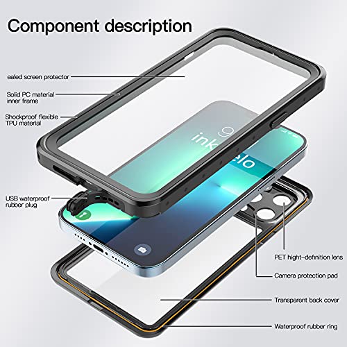 Funda Impermeable iPhone 13 Pro Max Protección IP68 Waterproof 360-Grados Case Protectora Antigolpes Anti-rasguños Impermeable Carcasa con Correa flotante para iPhone 13 Pro Max(Negro mate/Naranja)
