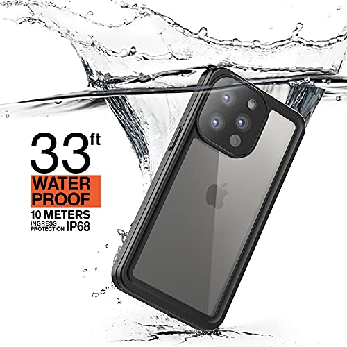 Funda Impermeable iPhone 13 Pro Protección IP68 Waterproof 360-Grados Case Protectora Antigolpes Anti-rasguños Impermeable Carcasa con Correa flotante para Apple iPhone 13 Pro (Negro mate/Naranja)