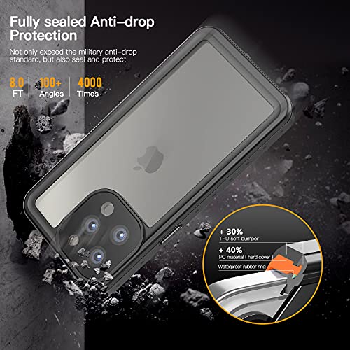 Funda Impermeable iPhone 13 Pro Protección IP68 Waterproof 360-Grados Case Protectora Antigolpes Anti-rasguños Impermeable Carcasa con Correa flotante para Apple iPhone 13 Pro (Negro mate/Naranja)