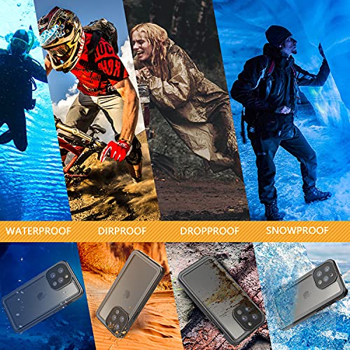 Funda Impermeable iPhone 13 Pro Protección IP68 Waterproof 360-Grados Case Protectora Antigolpes Anti-rasguños Impermeable Carcasa con Correa flotante para Apple iPhone 13 Pro (Negro mate/Naranja)