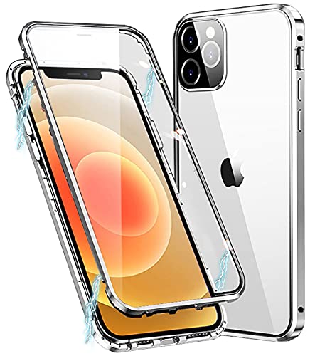 Funda para iPhone 11 Pro MAX,Adsorción Magnética de Metal,360 Grados Protección Case,Transparente Vidrio Templado Case con Protector Cámara,para iPhone 11 Pro MAX Cover Case,Plata