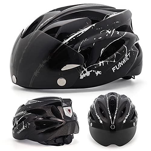 FUNWICT Casco Bicicleta con Gafas Magnéticas Casco Bici de Montaña Ligera LED Casco Bicicleta de Carretera para Mujer Hombre Casco MTB Ligero 57-61 cm (BKInkWhite)