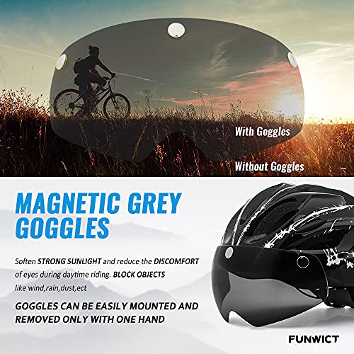 FUNWICT Casco Bicicleta con Gafas Magnéticas Casco Bici de Montaña Ligera LED Casco Bicicleta de Carretera para Mujer Hombre Casco MTB Ligero 57-61 cm (BKInkWhite)