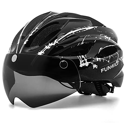 FUNWICT Casco Bicicleta con Gafas Magnéticas Casco Bici de Montaña Ligera LED Casco Bicicleta de Carretera para Mujer Hombre Casco MTB Ligero 57-61 cm (BKInkWhite)