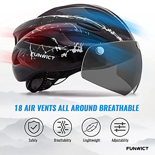 FUNWICT Casco Bicicleta con Gafas Magnéticas Casco Bici de Montaña Ligera LED Casco Bicicleta de Carretera para Mujer Hombre Casco MTB Ligero 57-61 cm (BKInkWhite)