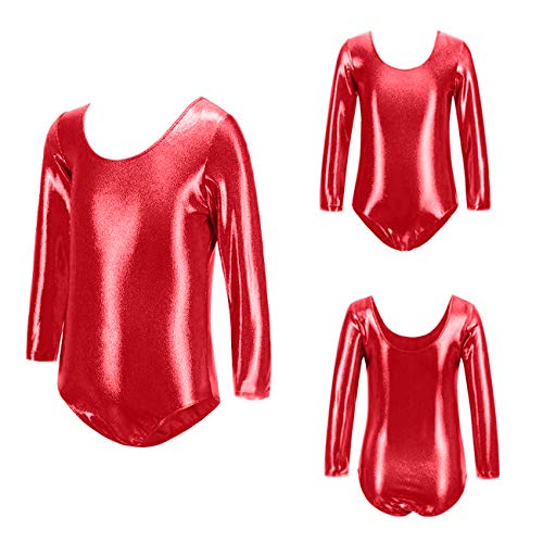 furein Maillot de Danza Ballet Gimnasia Leotardo Body Clásico Brillante Elástico para Niñas de Manga Larga Cuello Redondo (2 años, Rojo)