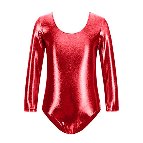 furein Maillot de Danza Ballet Gimnasia Leotardo Body Clásico Brillante Elástico para Niñas de Manga Larga Cuello Redondo (2 años, Rojo)