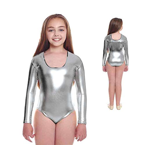 furein Maillot de Danza Ballet Gimnasia Leotardo Body Clásico Elástico para Niña de Manga Larga Cuello Redondo (12 años, Plateado)