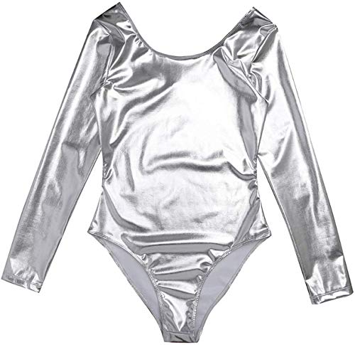 furein Maillot de Danza Ballet Gimnasia Leotardo Body Clásico Elástico para Niña de Manga Larga Cuello Redondo (12 años, Plateado)