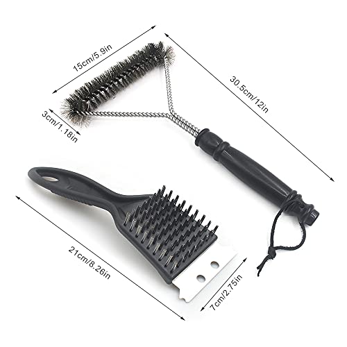 Fyfjur Fyfjur BBQ Cleaning Wire Brush, BBQ Brush Cleaner, Heavy Duty Grill Brush, BBQ Oven Cleaner, 2 in 1 Pointed Tail Wire BBQ Brush + Stainless Steel Curl Grill Brush Barbecue Cleaning Kit(Black)