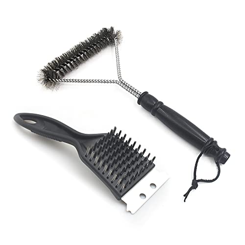 Fyfjur Fyfjur BBQ Cleaning Wire Brush, BBQ Brush Cleaner, Heavy Duty Grill Brush, BBQ Oven Cleaner, 2 in 1 Pointed Tail Wire BBQ Brush + Stainless Steel Curl Grill Brush Barbecue Cleaning Kit(Black)