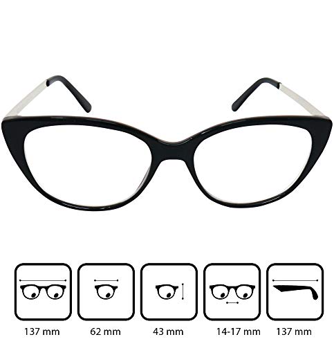 Gafas de Lectura de Ojos de Gato con Grandes Lentes - Funda de Gafas Incluida GRATIS, Montura de Plástico (Negra) con Patillas de Acero Inoxidable Para Leer Para Mujer +1.5 dioptrías