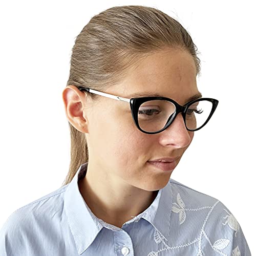 Gafas de Lectura de Ojos de Gato con Grandes Lentes - Funda de Gafas Incluida GRATIS, Montura de Plástico (Negra) con Patillas de Acero Inoxidable Para Leer Para Mujer +1.5 dioptrías