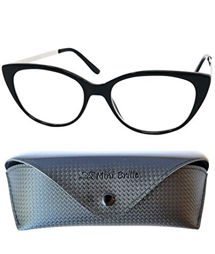 Gafas de Lectura de Ojos de Gato con Grandes Lentes - Funda de Gafas Incluida GRATIS, Montura de Plástico (Negra) con Patillas de Acero Inoxidable Para Leer Para Mujer +1.5 dioptrías