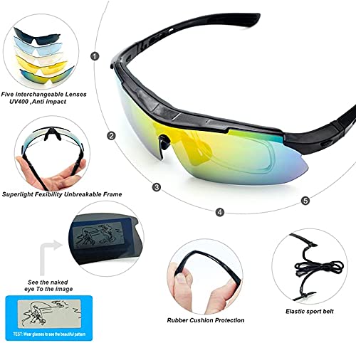 Gafas De Sol Polarizadas,Gafas de Sol Deportivas,con 5 Lentes Intercambiables UV400 Protección Antivaho Antireflejo Anti Viento,Correr Golf Beisbol Surf Conducción Esquiando 100% De Protección UV