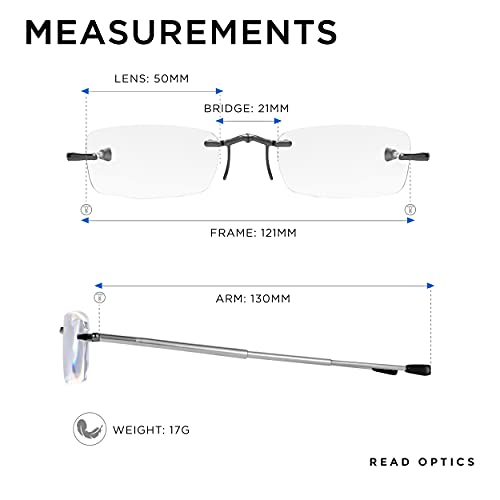 Gafas READ OPTICS de Lectura Graduadas Plegables - Sin Montura. Compactas, Portátiles - de Bolsillo con Funda Rígida. Lentes +2 Dioptrías (+1 hasta +3,50) para Hombre/Mujer