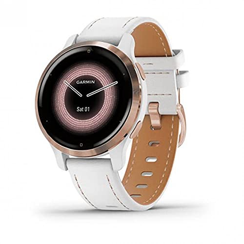 Garmin Venu 2S, Reloj Inteligente, Bisel de Acero Inoxidable de Color Rose Gold con Caja y Correa de Cuero de Color Blanco