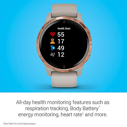 Garmin Venu, Smartwatch GPS con pantalla táctil brillante, cuenta con música, monitoreo de energía corporal, sensores de buey de pulso y más, arena clara con hardware de oro rosa (renovado)