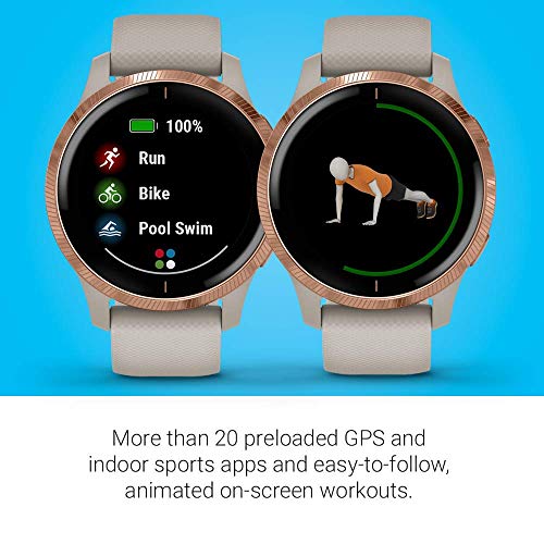 Garmin Venu, Smartwatch GPS con pantalla táctil brillante, cuenta con música, monitoreo de energía corporal, sensores de buey de pulso y más, arena clara con hardware de oro rosa (renovado)