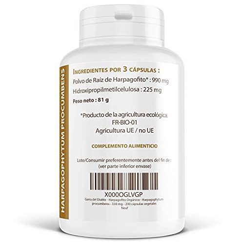 Garra del Diablo - Harpagofito Orgánico - Harpagophytum procumbens - 330 mg - 200 cápsulas vegetales