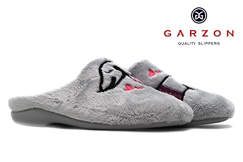 Garzón - 7318.275 Gris - Zapatilla Pantufla de IR por casa, Chinela Destalonada, Dibujo Perro, Suela de Goma, para: Mujer Color: Gris Talla:36