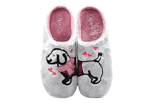 Garzón - 7318.275 Gris - Zapatilla Pantufla de IR por casa, Chinela Destalonada, Dibujo Perro, Suela de Goma, para: Mujer Color: Gris Talla:36