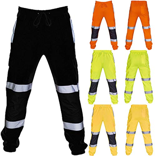 Geagodelia Pantalones de trabajo para hombre, reflectantes, informales, fluorescentes, de seguridad, con bolsillos, multicolor, para hombre con elástico Negro XL