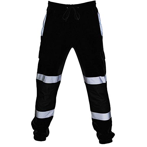 Geagodelia Pantalones de trabajo para hombre, reflectantes, informales, fluorescentes, de seguridad, con bolsillos, multicolor, para hombre con elástico Negro XL