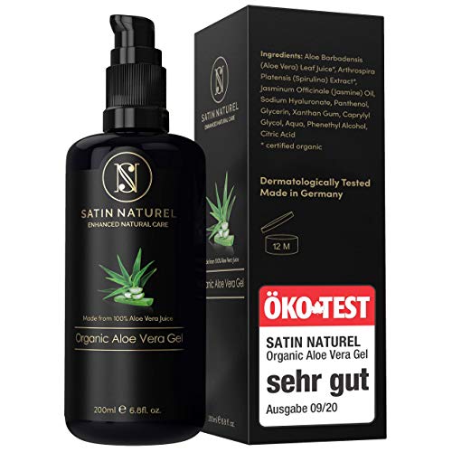 Gel de Aloe Vera ORGÁNICO 100% - Vegano de Alta Calidad - Cosméticos de Satin Naturel - Ácido Hialurónico, Espirulina, Jazmín - After Sun Refrescante Antiinflamatorio - Envasado en vidrio violeta