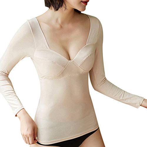 Gelentea Top de ropa interior térmica para mujer, sin costuras, parte superior con almohadilla de pecho, cuello en V, camisa de fondo de invierno ultra suave y cálida