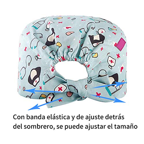 GEMVIE Reutilizable Gorro Enfermera con Botones Pelo Largo Robin Hat para Mujers y Hombres,Dibujos Animados, Flor,Peces, Corbata Ajustable