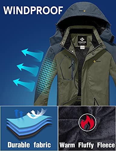 GEMYSE Chaqueta de Esquí Impermeable de Montaña para Hombre Abrigo de Invierno de Lana Antiviento con Capucha (Ejército Verde Gris 02,M)