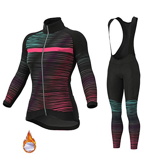 GET Conjunto de Maillot de Ciclismo de Manga Larga para Mujer, Camiseta de Bicicleta de Lana Térmica, Ropa de Medias + Pantalones Acolchados 9D (Color : C, Talla : M)