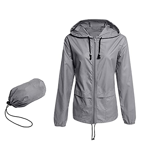 Ghemdilmn Chubasquero ligero con capucha para mujer, resistente al agua, plegable, Active Outdoor chubasquero cortavientos, chaqueta de lluvia para bicicleta, gris, XXXL