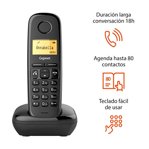 Gigaset A270 - Teléfono fijo inalámbrico para casa manos libres, gran pantalla iluminada, agenda 80 contactos, color negro
