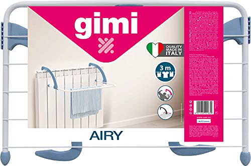 Gimi Airy Tendedero de radiador de Acero y Resina, 3 m de Longitud de tendido, blanco/azul, metal/plastico, interior