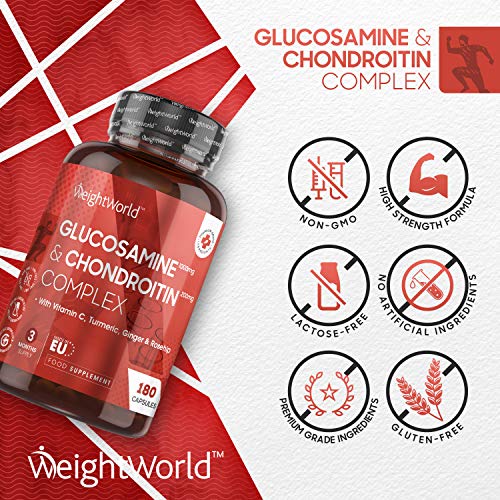 Glucosamina Condroitina Complex 1200mg 180 Cápsulas - Suplemento Natural de Alta Absorción, Con Cúrcuma Jengibre Rosa Mosqueta y Vitamina C, Para Articulaciones, Músculos, Huesos y Cartílagos