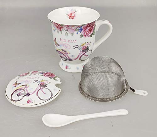 GMMH Taza de té con tapa, cuchara y colador, taza de porcelana para té suelto o bolsa (bicicleta)