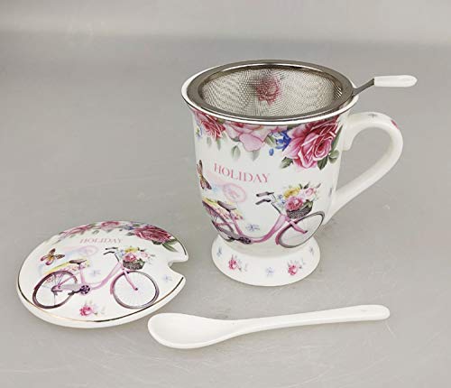 GMMH Taza de té con tapa, cuchara y colador, taza de porcelana para té suelto o bolsa (bicicleta)