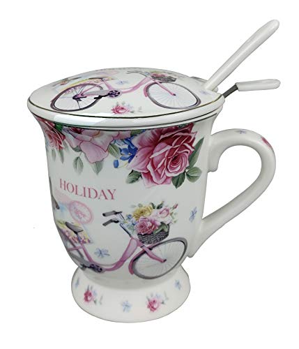 GMMH Taza de té con tapa, cuchara y colador, taza de porcelana para té suelto o bolsa (bicicleta)