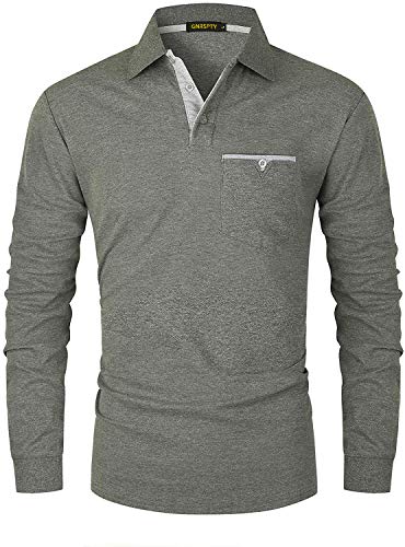 GNRSPTY Polo Manga Larga Hombre Algodon Slim Fit Camisetas Colores de Contraste con Bolsillos Reales Basic Golf Deporte Negocios T-Shirt Top,Gris,L