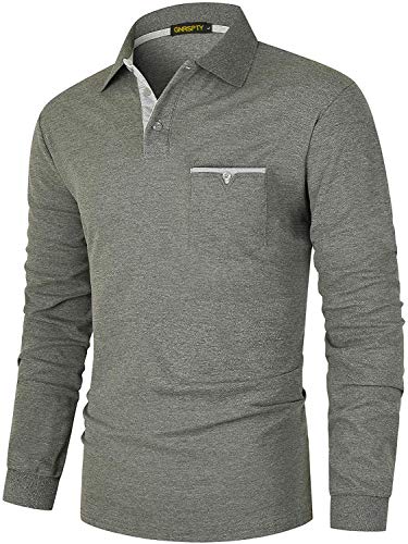 GNRSPTY Polo Manga Larga Hombre Algodon Slim Fit Camisetas Colores de Contraste con Bolsillos Reales Basic Golf Deporte Negocios T-Shirt Top,Gris,L