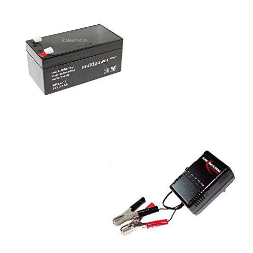 Gopacks Cargador y batería de gel de plomo original Multipower MP3.4-12 AGM 12 V 3,4 Ah AGM Tecnología Heymer StehFix UNO Duo Accu batería Bateria