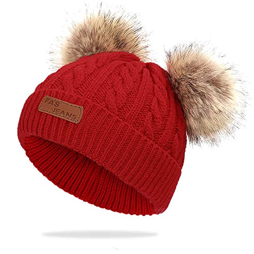 Gorro de Invierno cálido para bebé Gorro Beanie de Piel de Ganchillo para niños pequeños Pom Pom Sombrero Bebé Niños Niñas (Rojo)