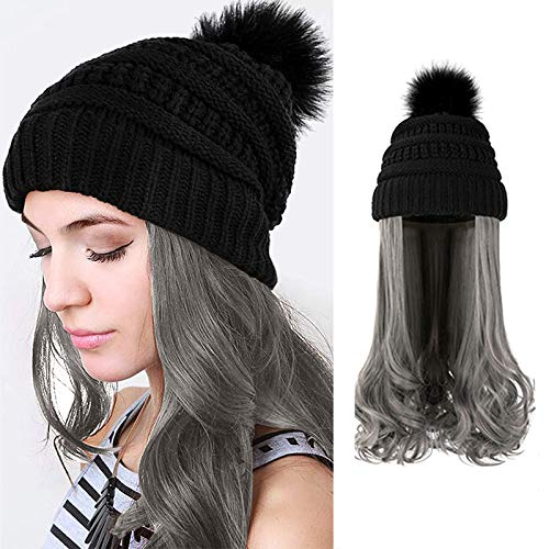 Gorro de punto con peluca para mujer, cálido, gorro de invierno con pompón, peluca larga, con capucha, pieza de pelo con sombrero, talla única