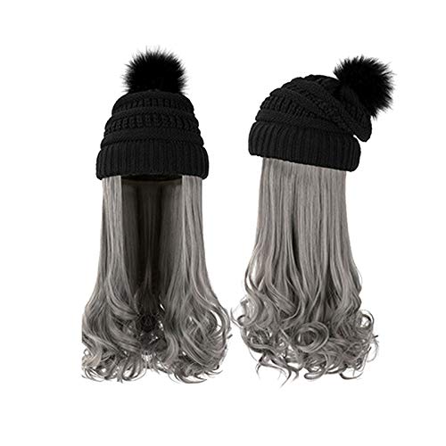 Gorro de punto con peluca para mujer, cálido, gorro de invierno con pompón, peluca larga, con capucha, pieza de pelo con sombrero, talla única