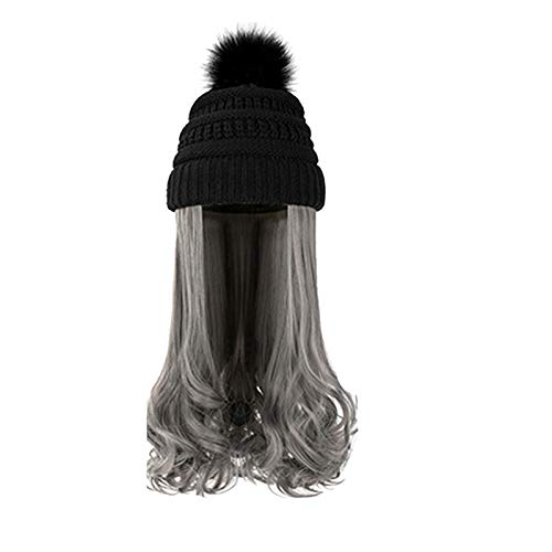 Gorro de punto con peluca para mujer, cálido, gorro de invierno con pompón, peluca larga, con capucha, pieza de pelo con sombrero, talla única