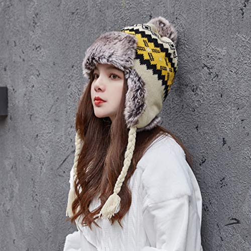 Gorro peruano de punto para mujer, gorro de invierno cálido de lana con borla de ganchillo Perú sombrero de esquí con orejeras Pom ()