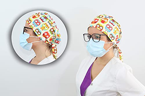 Gorro quirúrgico con botón para mascarilla ajustable enfermera dentista sanitario médico hombres mujeres estampado en colores ajustable pelo largo